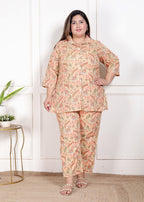 Plus Size Peach Cotton Floral Print Co-ord Set -120055