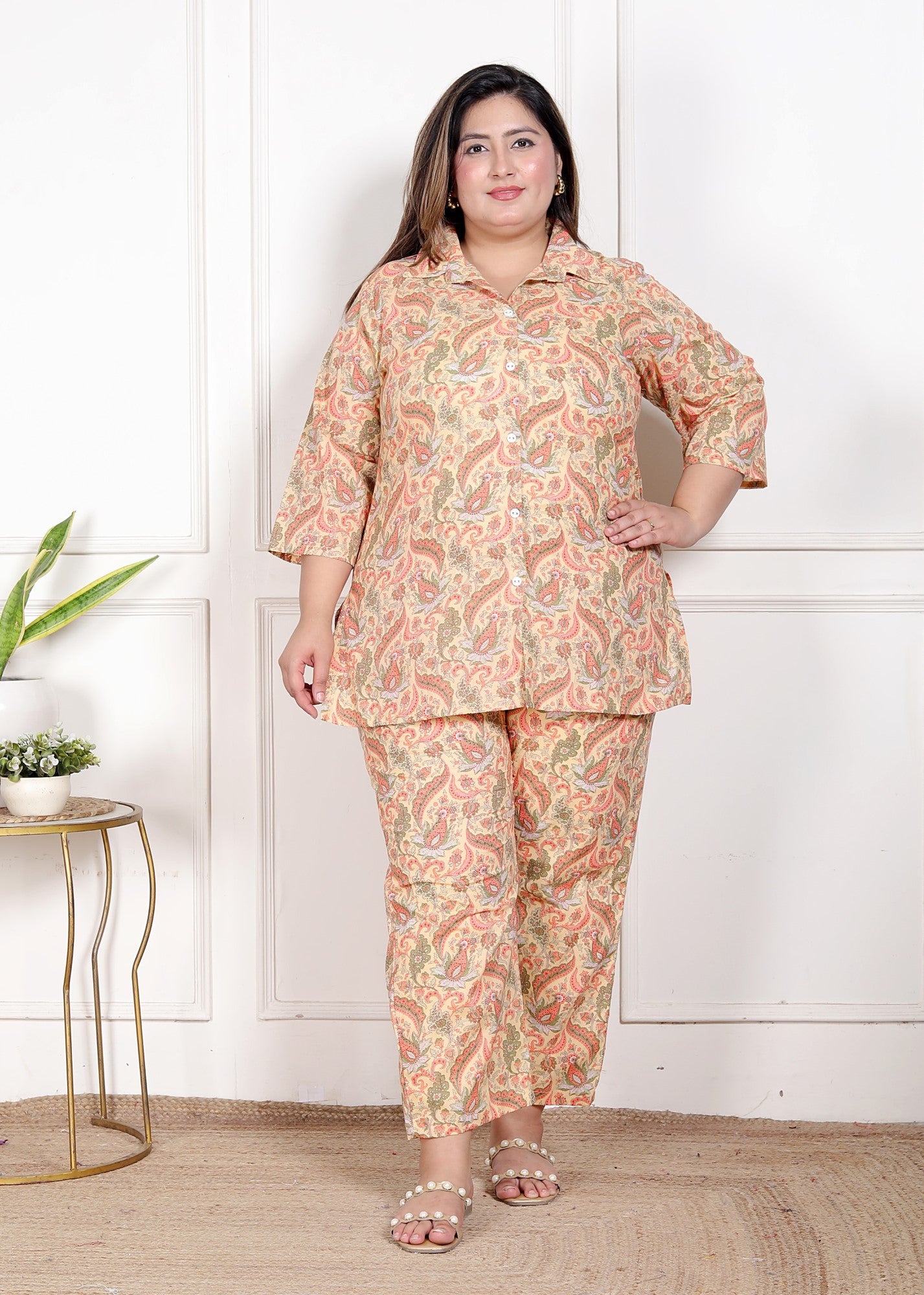 Plus Size Peach Cotton Floral Print Co-ord Set -120055 Main image