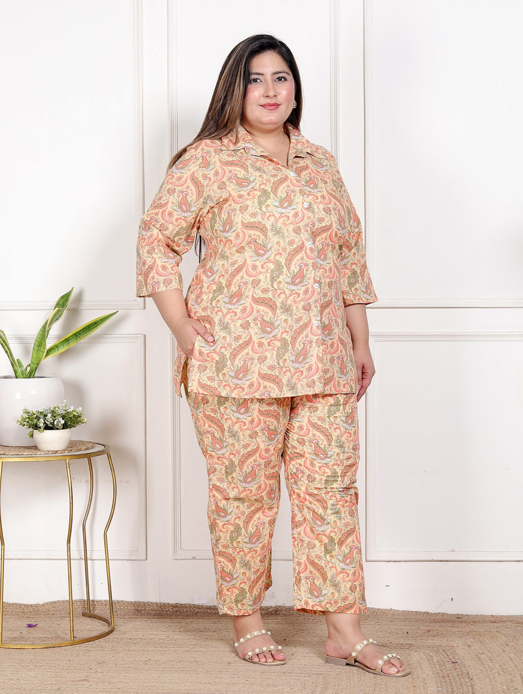 Plus Size Peach Cotton Floral Print Co-ord Set -120055