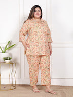 Plus Size Peach Cotton Floral Print Co-ord Set -120055