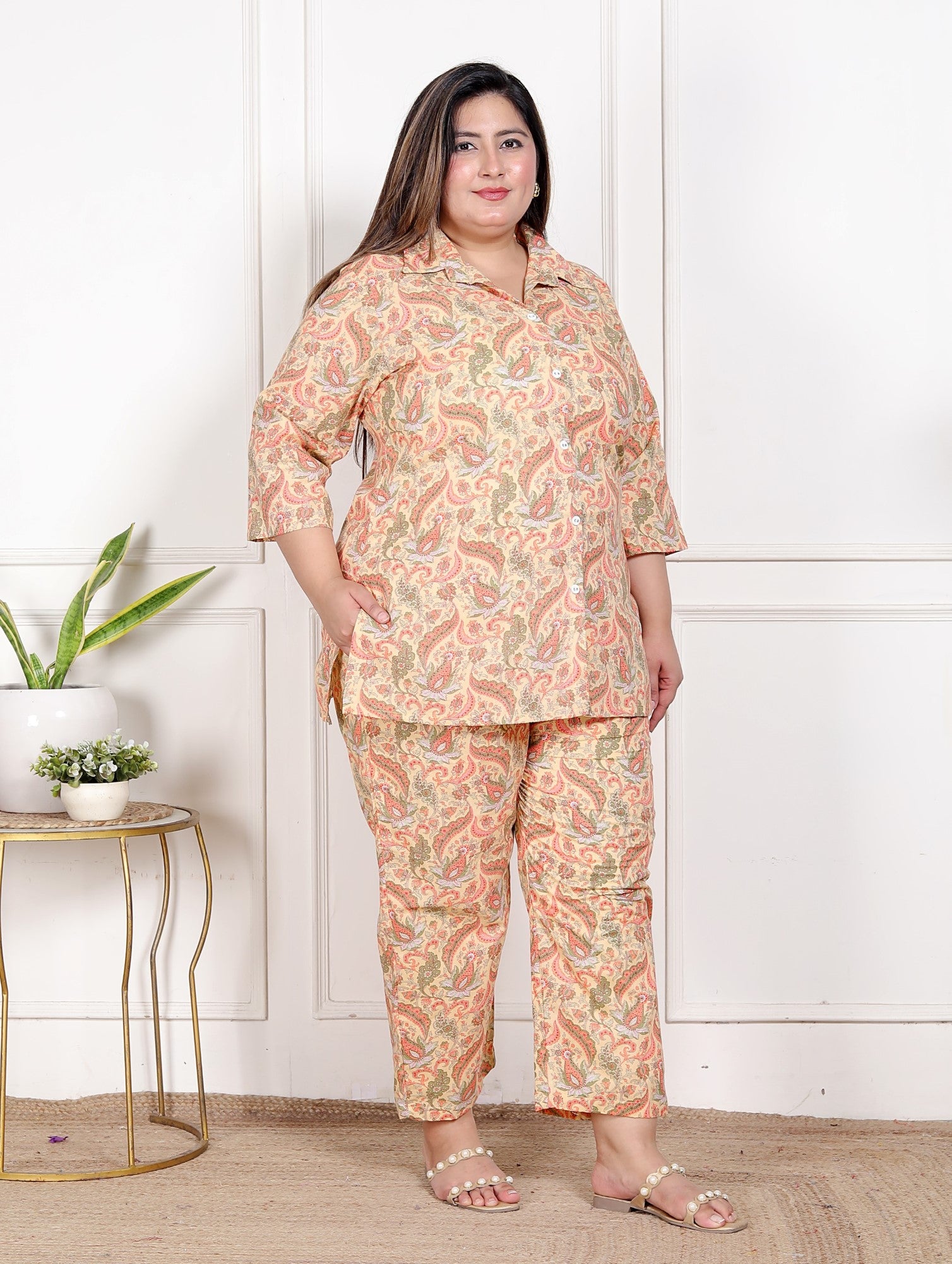 Plus Size Peach Cotton Floral Print Co-ord Set -120055