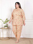 Plus Size Peach Cotton Floral Print Co-ord Set -120055
