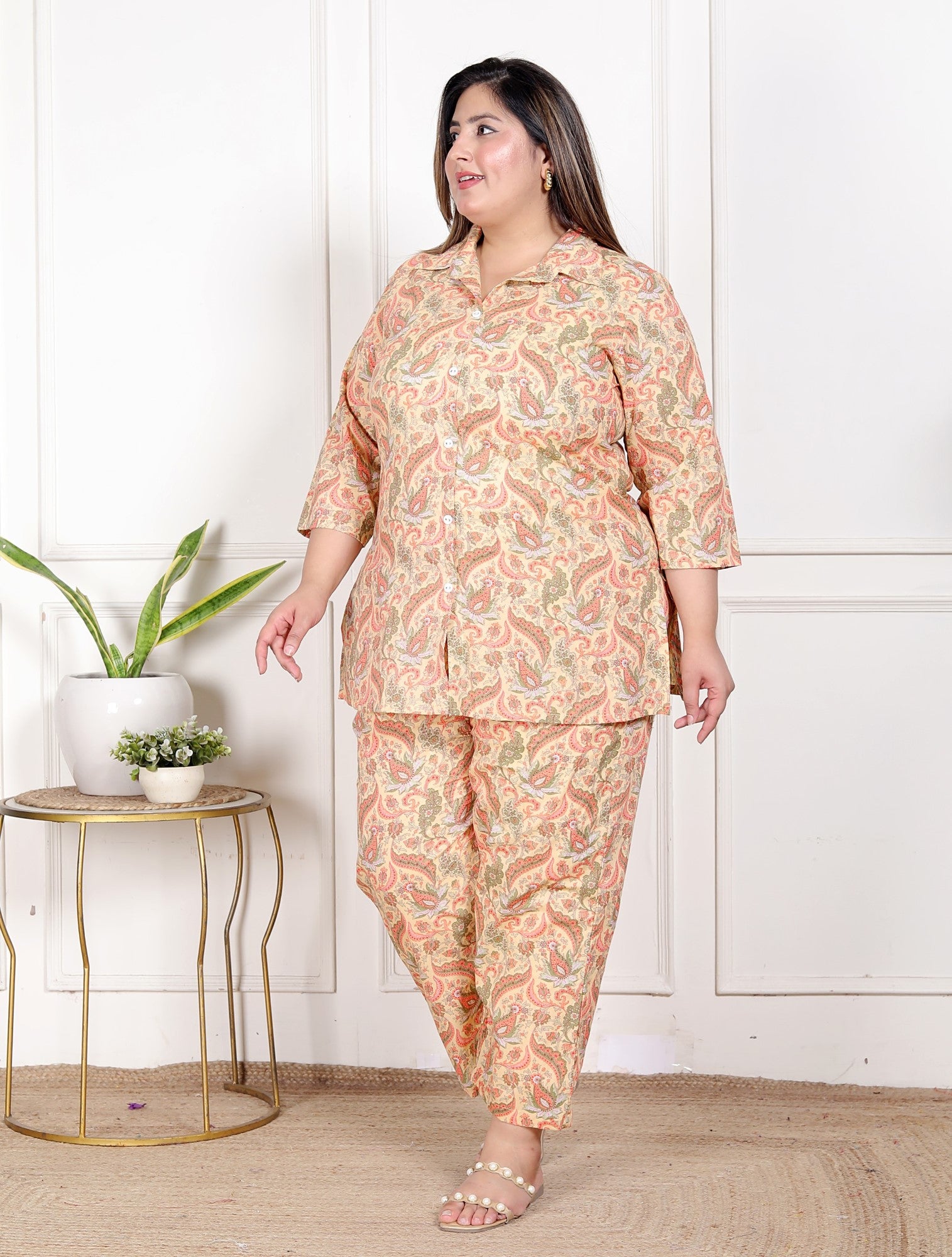 Plus Size Peach Cotton Floral Print Co-ord Set -120055