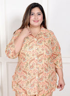 Plus Size Peach Cotton Floral Print Co-ord Set -120055