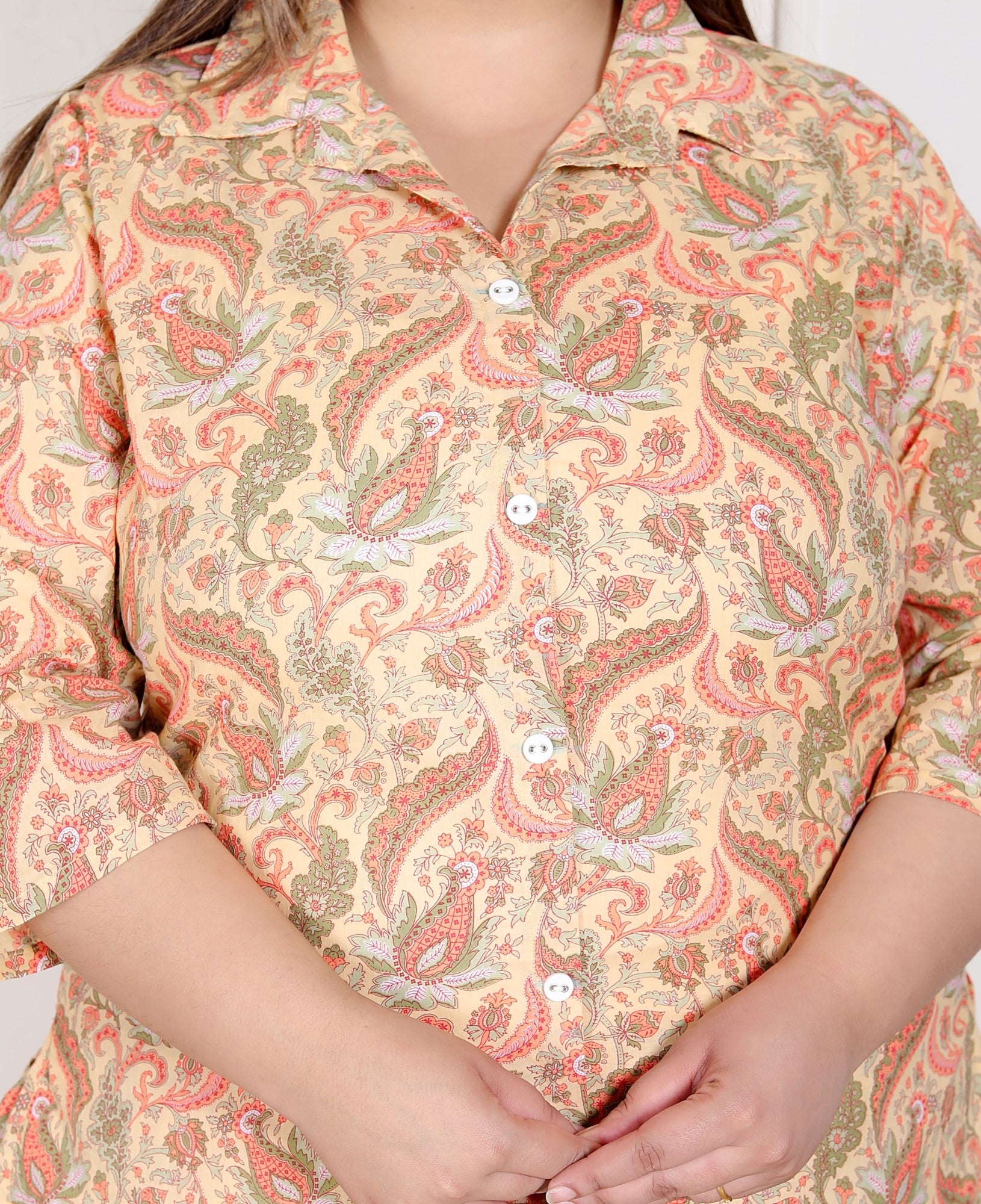 Plus Size Peach Cotton Floral Print Co-ord Set -120055