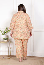 Plus Size Peach Cotton Floral Print Co-ord Set -120055