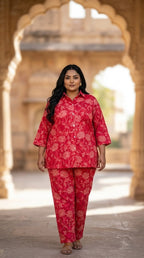 Plus Size Red Cotton Floral Print Co-ord Set -120056
