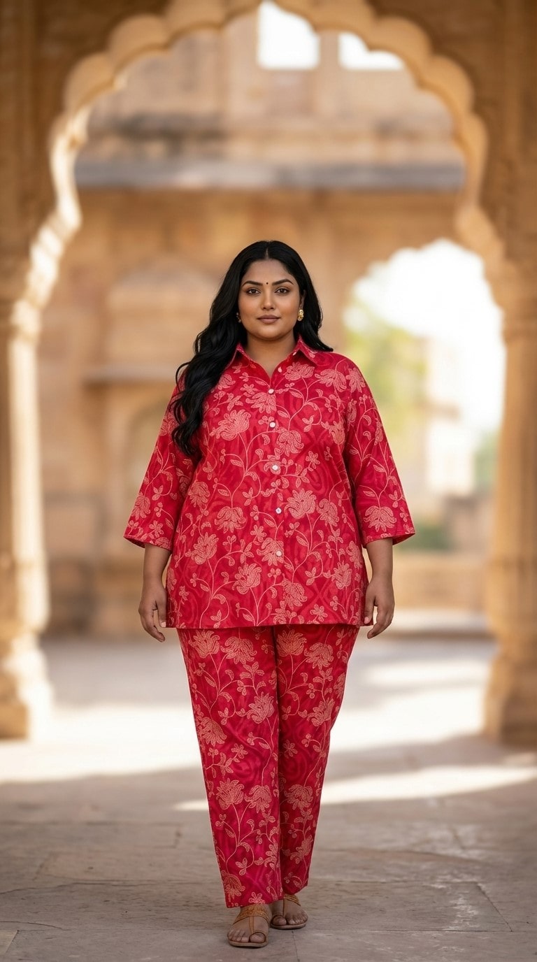 Plus Size Red Cotton Floral Print Co-ord Set -120056