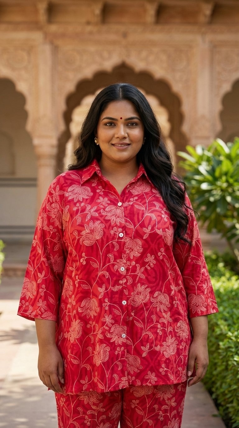 Plus Size Red Cotton Floral Print Co-ord Set -120056