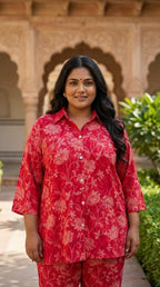 Plus Size Red Cotton Floral Print Co-ord Set -120056