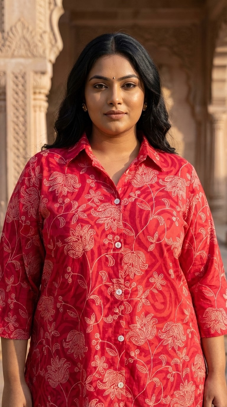 Plus Size Red Cotton Floral Print Co-ord Set -120056