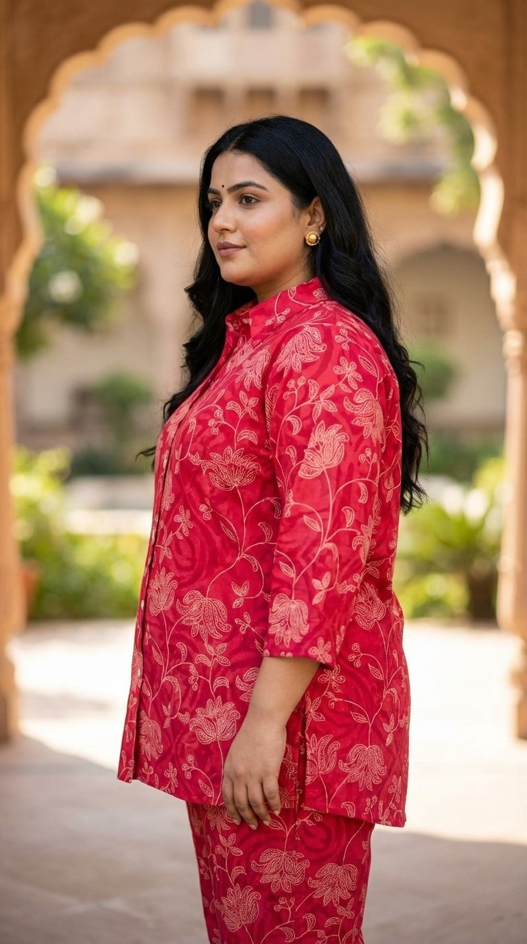 Plus Size Red Cotton Floral Print Co-ord Set -120056