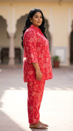 Plus Size Red Cotton Floral Print Co-ord Set -120056