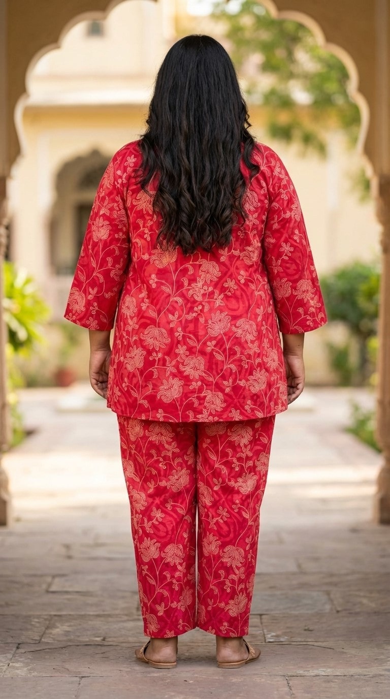 Plus Size Red Cotton Floral Print Co-ord Set -120056