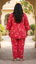 Plus Size Red Cotton Floral Print Co-ord Set -120056