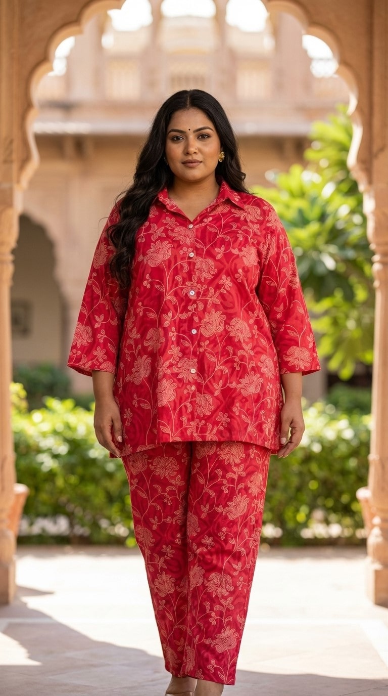Plus Size Red Cotton Floral Print Co-ord Set -120056
