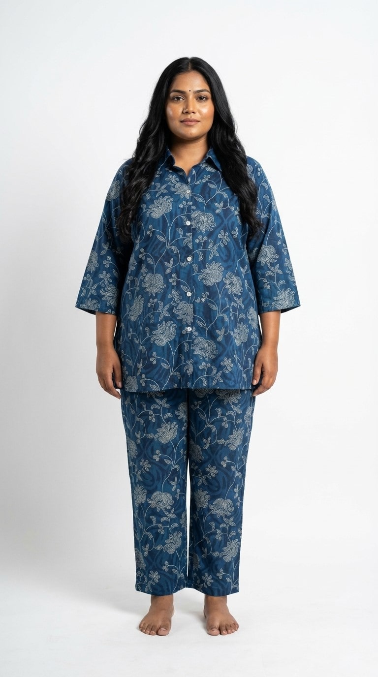 Plus Size Blue Cotton Floral Print Co-ord Set -120057 Main image