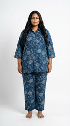 Plus Size Blue Cotton Floral Print Co-ord Set -120057
