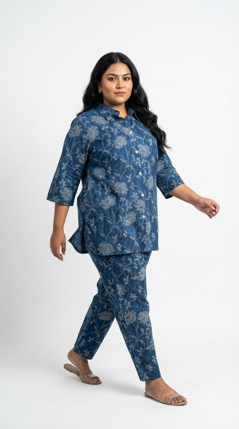 Plus Size Blue Cotton Floral Print Co-ord Set -120057 Secondary image