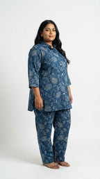 Plus Size Blue Cotton Floral Print Co-ord Set -120057