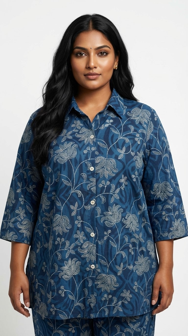 Plus Size Blue Cotton Floral Print Co-ord Set -120057