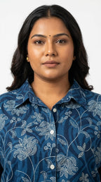 Plus Size Blue Cotton Floral Print Co-ord Set -120057