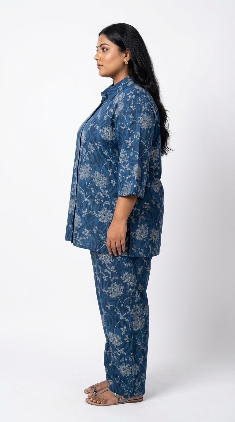 Plus Size Blue Cotton Floral Print Co-ord Set -120057