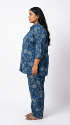 Plus Size Blue Cotton Floral Print Co-ord Set -120057