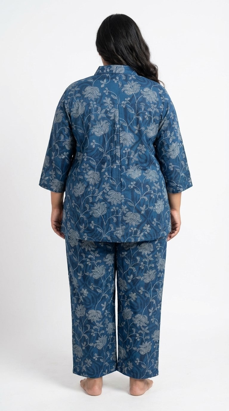 Plus Size Blue Cotton Floral Print Co-ord Set -120057