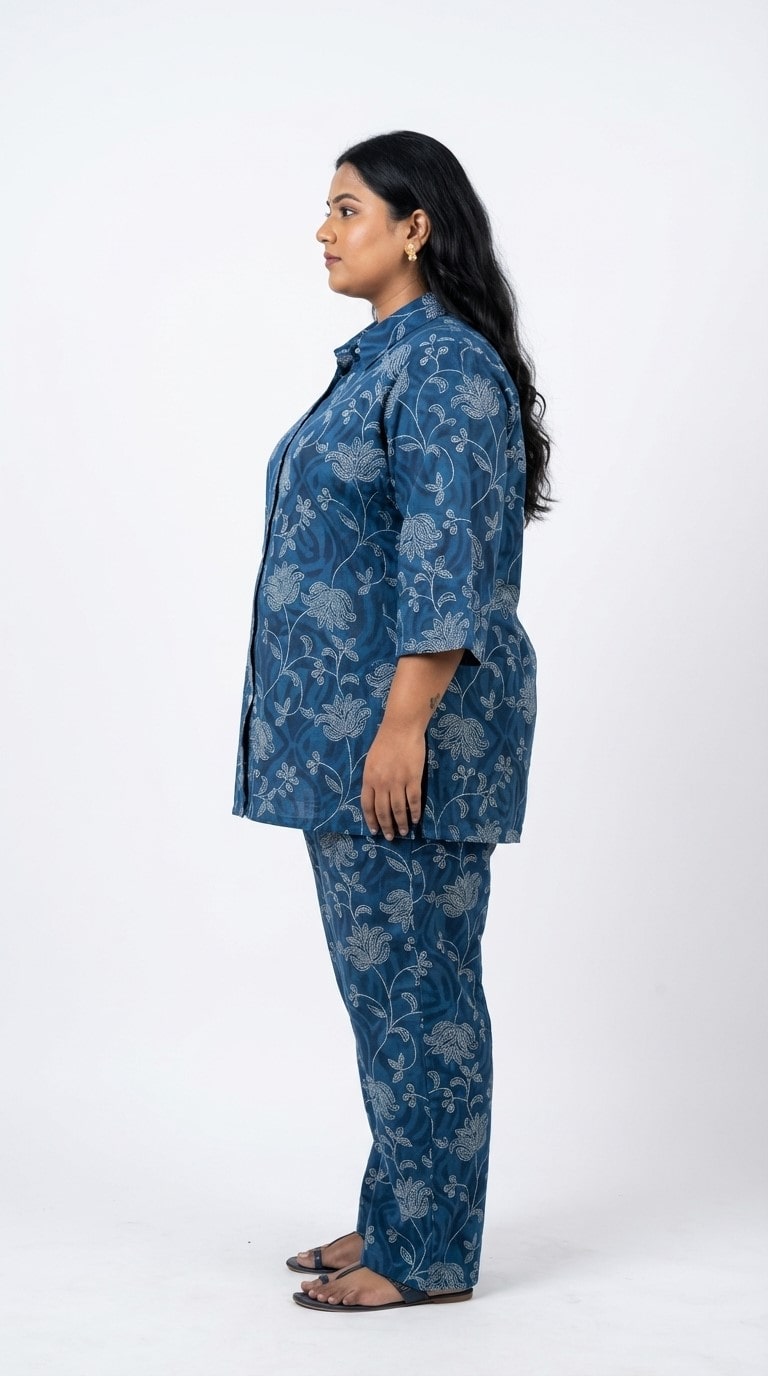 Plus Size Blue Cotton Floral Print Co-ord Set -120057