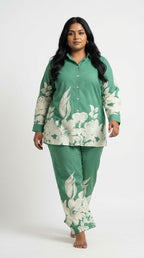 Plus Size Green Cotton Floral Print Co-ord Set -120058