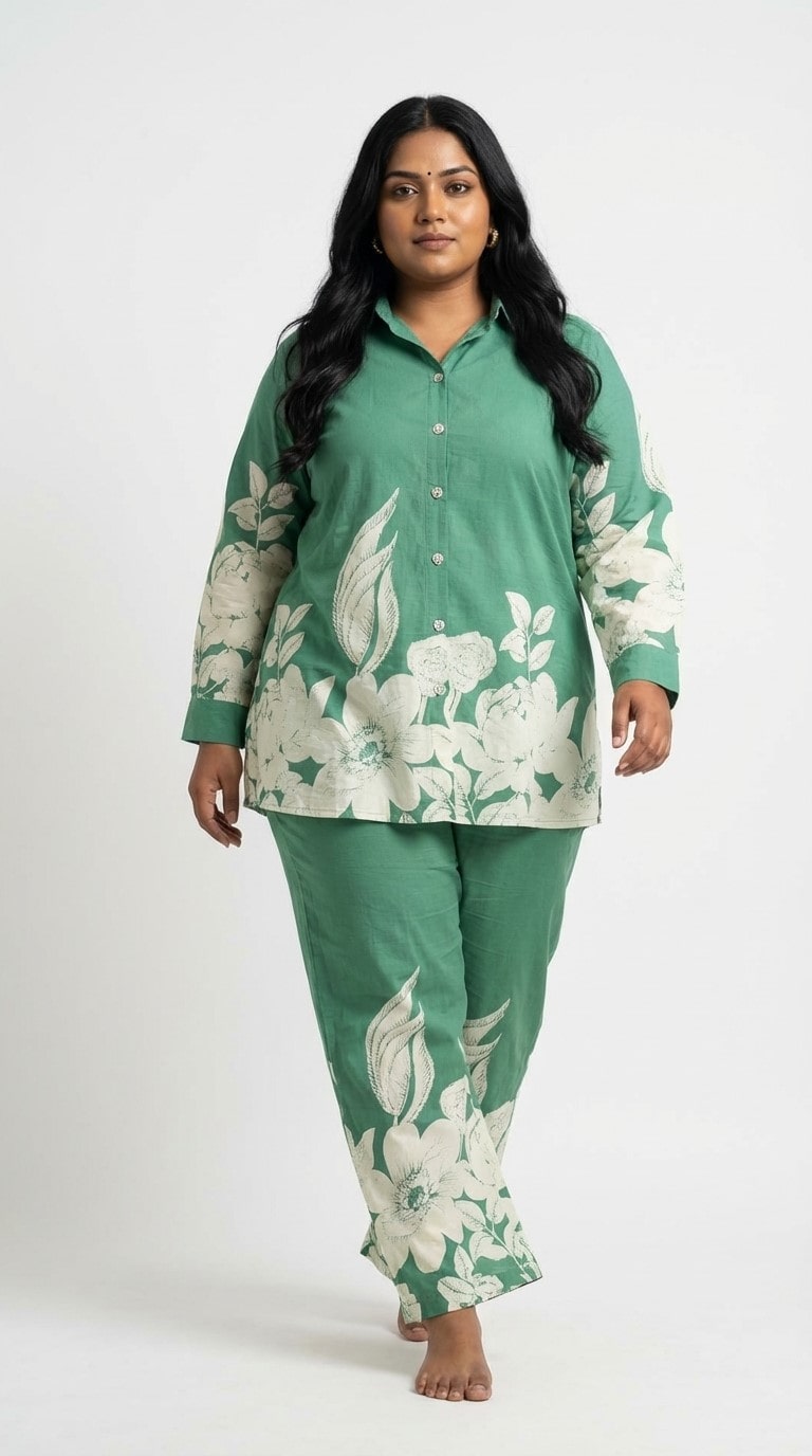 Plus Size Green Cotton Floral Print Co-ord Set -120058