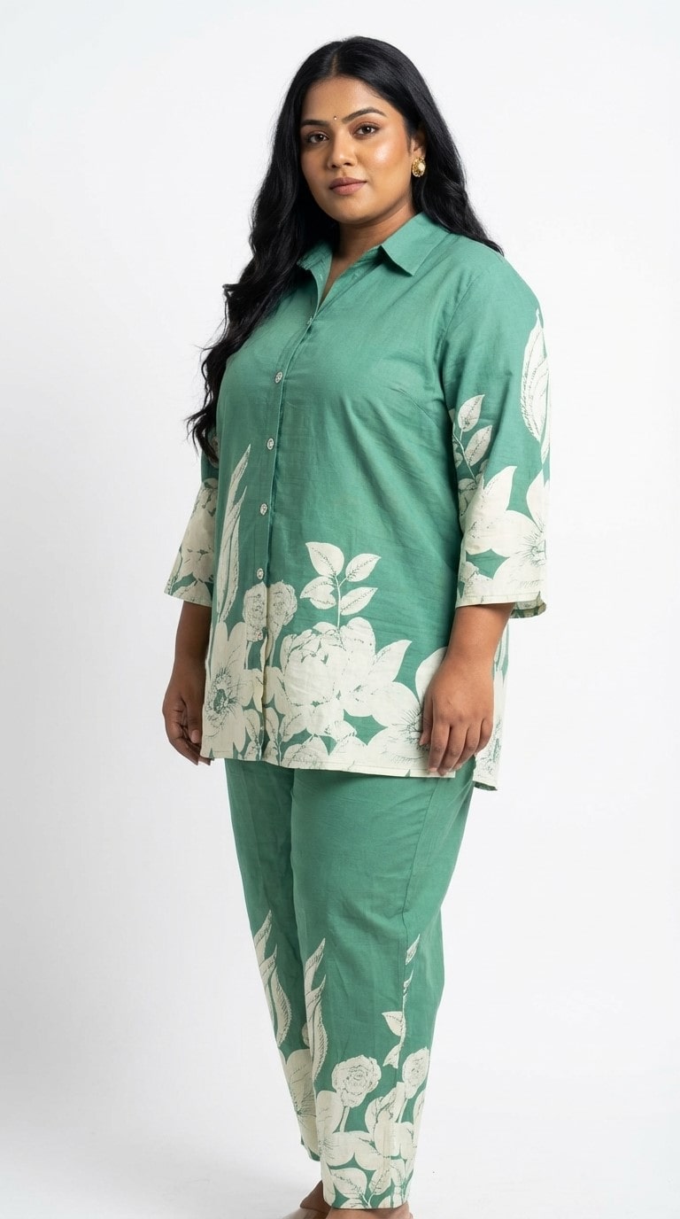 Plus Size Green Cotton Floral Print Co-ord Set -120058 Secondary image