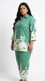 Plus Size Green Cotton Floral Print Co-ord Set -120058