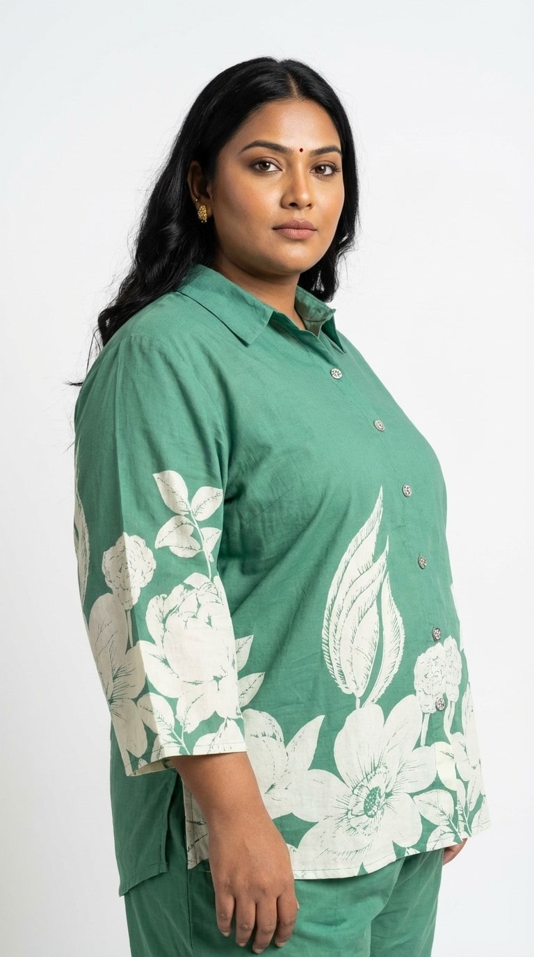 Plus Size Green Cotton Floral Print Co-ord Set -120058