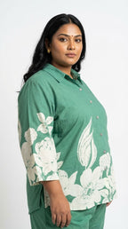 Plus Size Green Cotton Floral Print Co-ord Set -120058