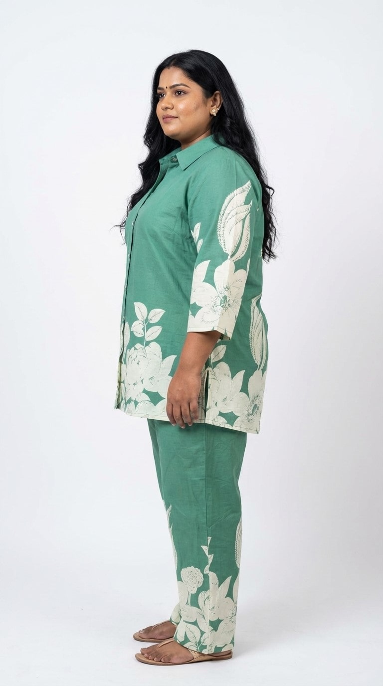 Plus Size Green Cotton Floral Print Co-ord Set -120058