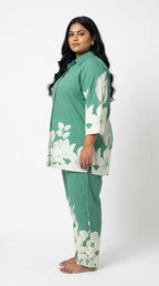 Plus Size Green Cotton Floral Print Co-ord Set -120058