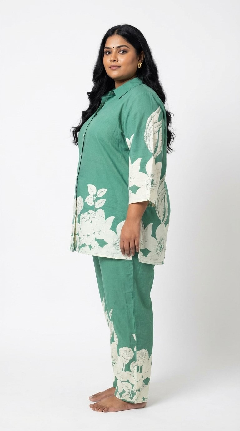 Plus Size Green Cotton Floral Print Co-ord Set -120058