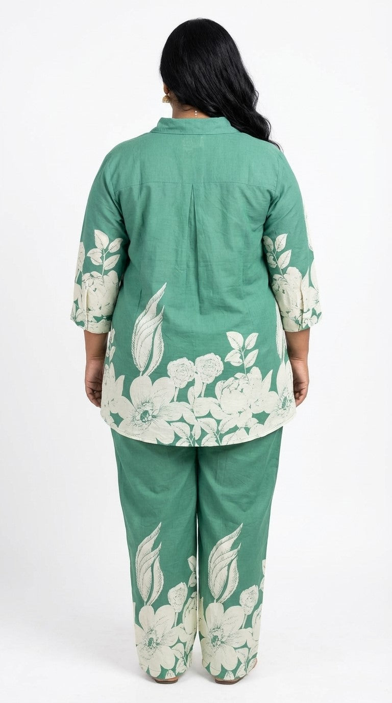 Plus Size Green Cotton Floral Print Co-ord Set -120058