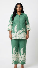 Plus Size Green Cotton Floral Print Co-ord Set -120058