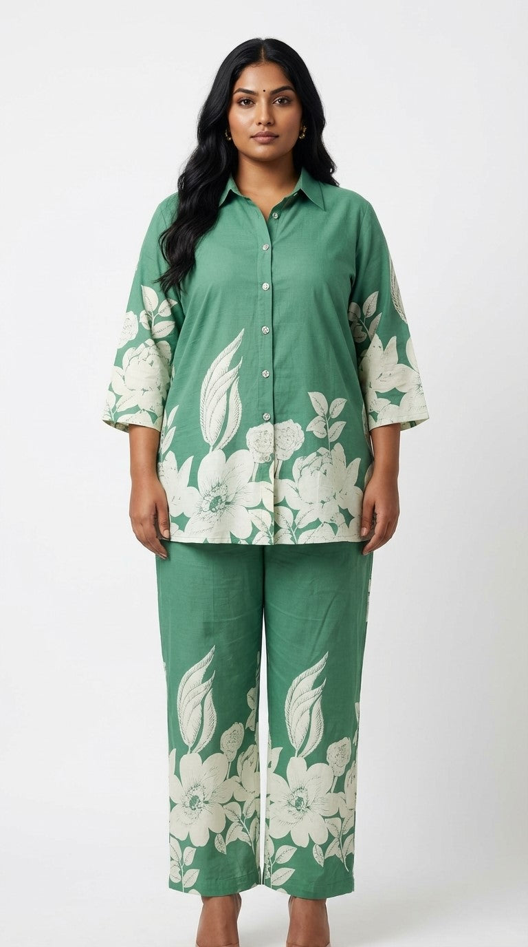 Plus Size Green Cotton Floral Print Co-ord Set -120058