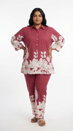 Plus Size Maroon Cotton Blend Floral Print Co-ord Set -120059