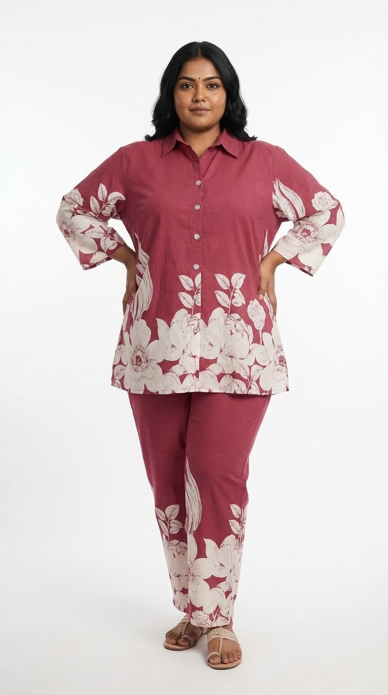 Plus Size Maroon Cotton Blend Floral Print Co-ord Set -120059