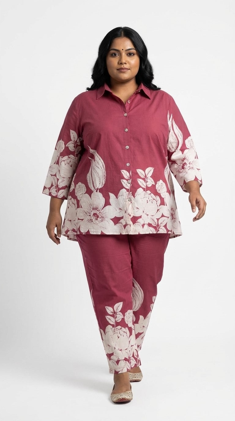 Plus Size Maroon Cotton Blend Floral Print Co-ord Set -120059