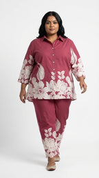 Plus Size Maroon Cotton Blend Floral Print Co-ord Set -120059