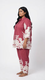 Plus Size Maroon Cotton Blend Floral Print Co-ord Set -120059