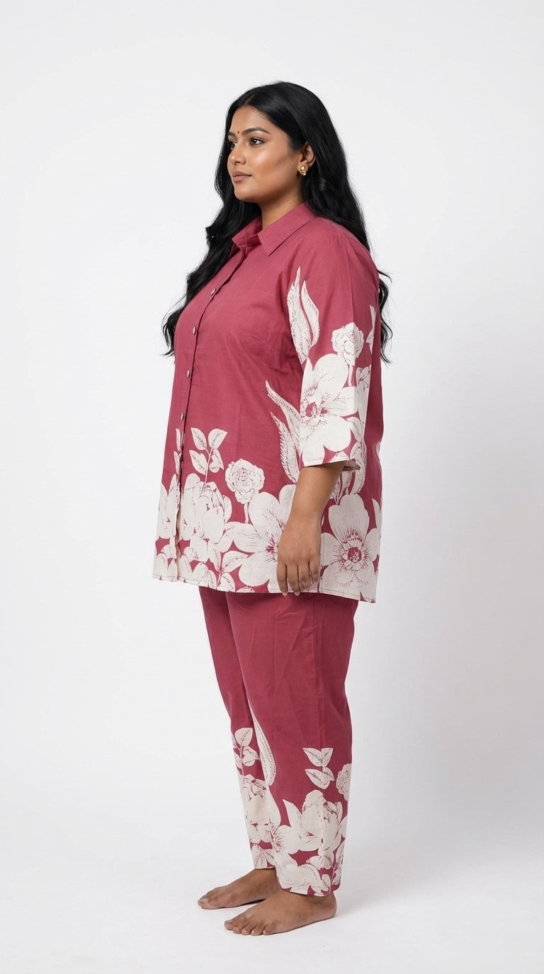 Plus Size Maroon Cotton Blend Floral Print Co-ord Set -120059