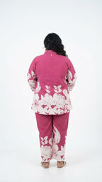 Plus Size Maroon Cotton Blend Floral Print Co-ord Set -120059