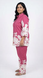 Plus Size Maroon Cotton Blend Floral Print Co-ord Set -120059